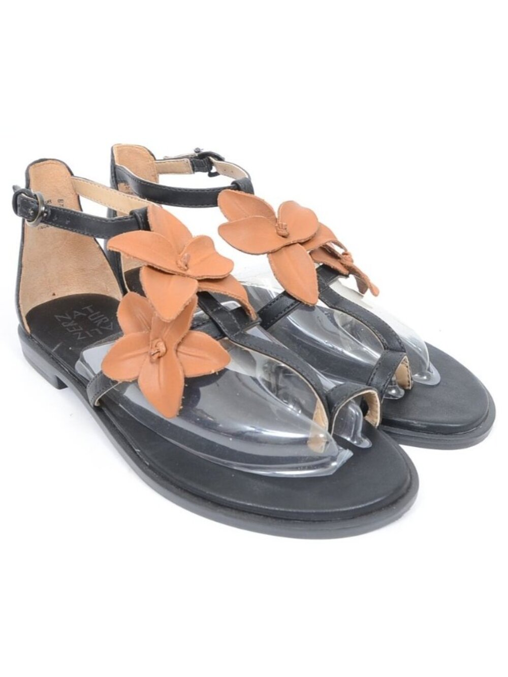 NEW Naturalizer Women 7 Farah‎ Black Leather Flower Toe Loop Ankle Strap Sandal